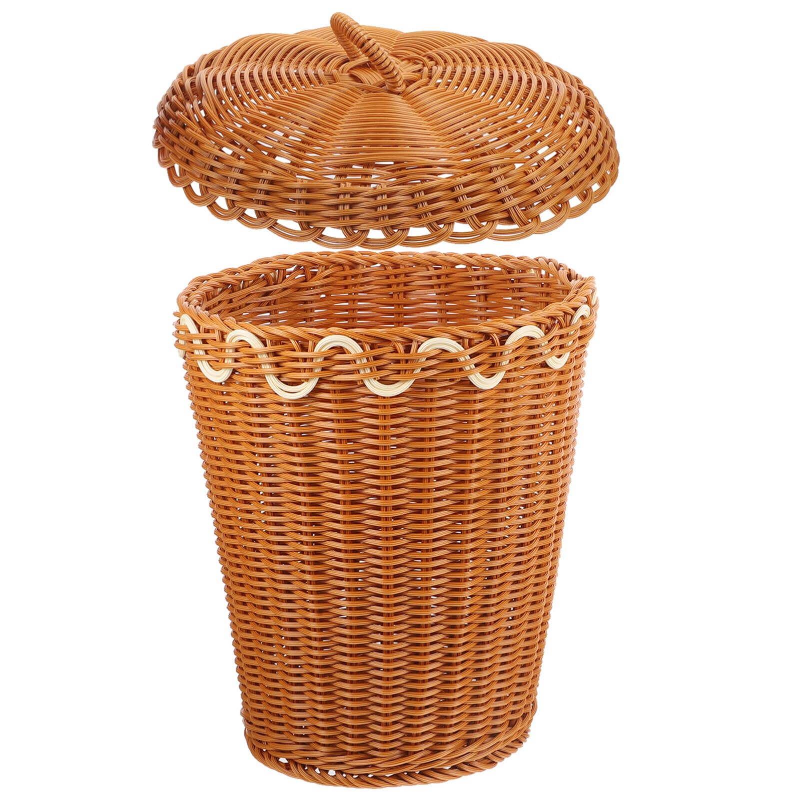 Kichvoe Wicker Trash Can with Lid Small Trash Can Laundry Sundries Basket Rattan Waste Basket Rustic Boho Woven Garbage Bin Office Rubbish Can for Bedroom Bathroom Office