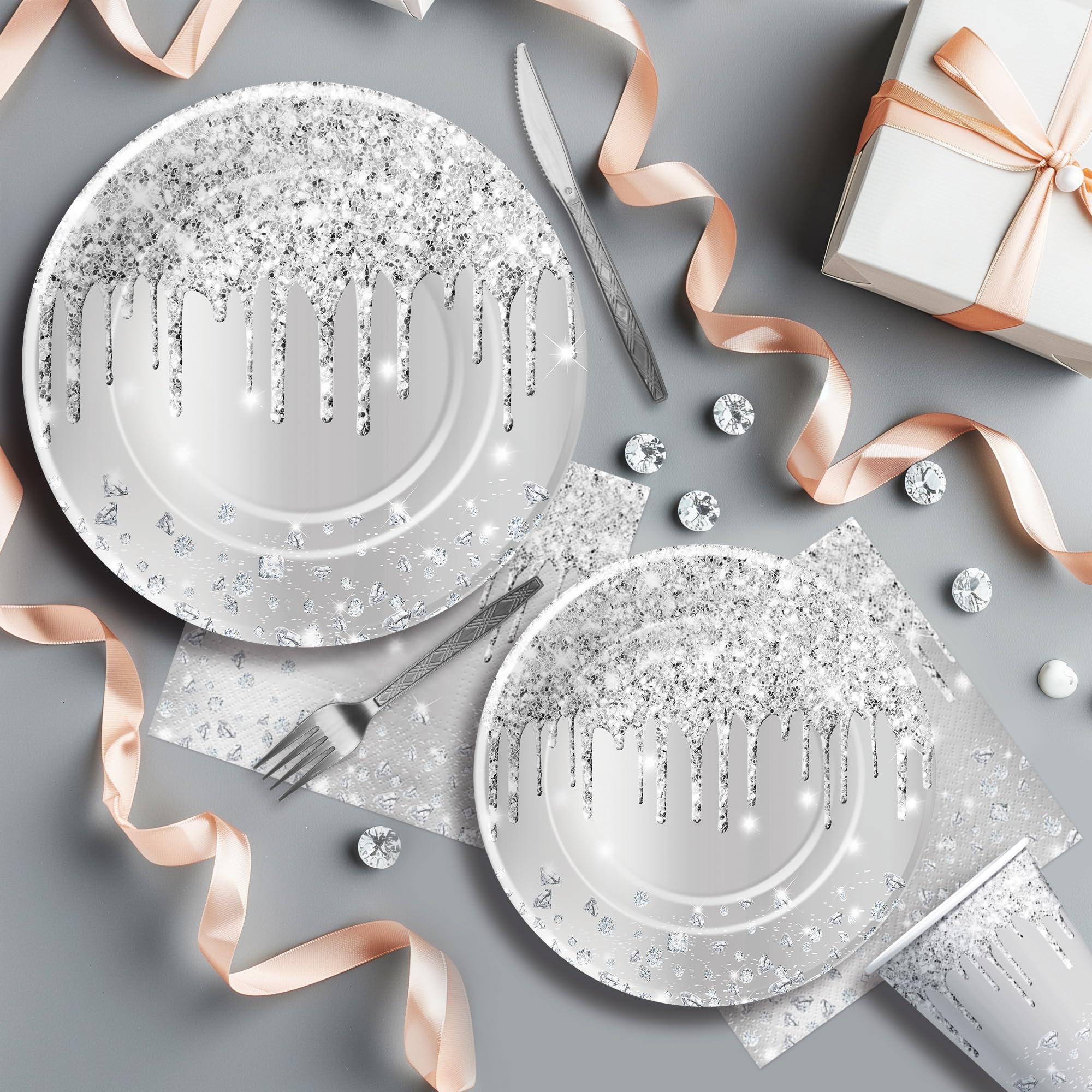 YJRJSC Silver Plates And Napkins Party Supplies - Silver Party Decorations Tableware For Birthday Bridal Shower, Paper Plate, Napkin, Cup, Cutlery, Diamonds Silver Glitter Table Decorations | Serve 24