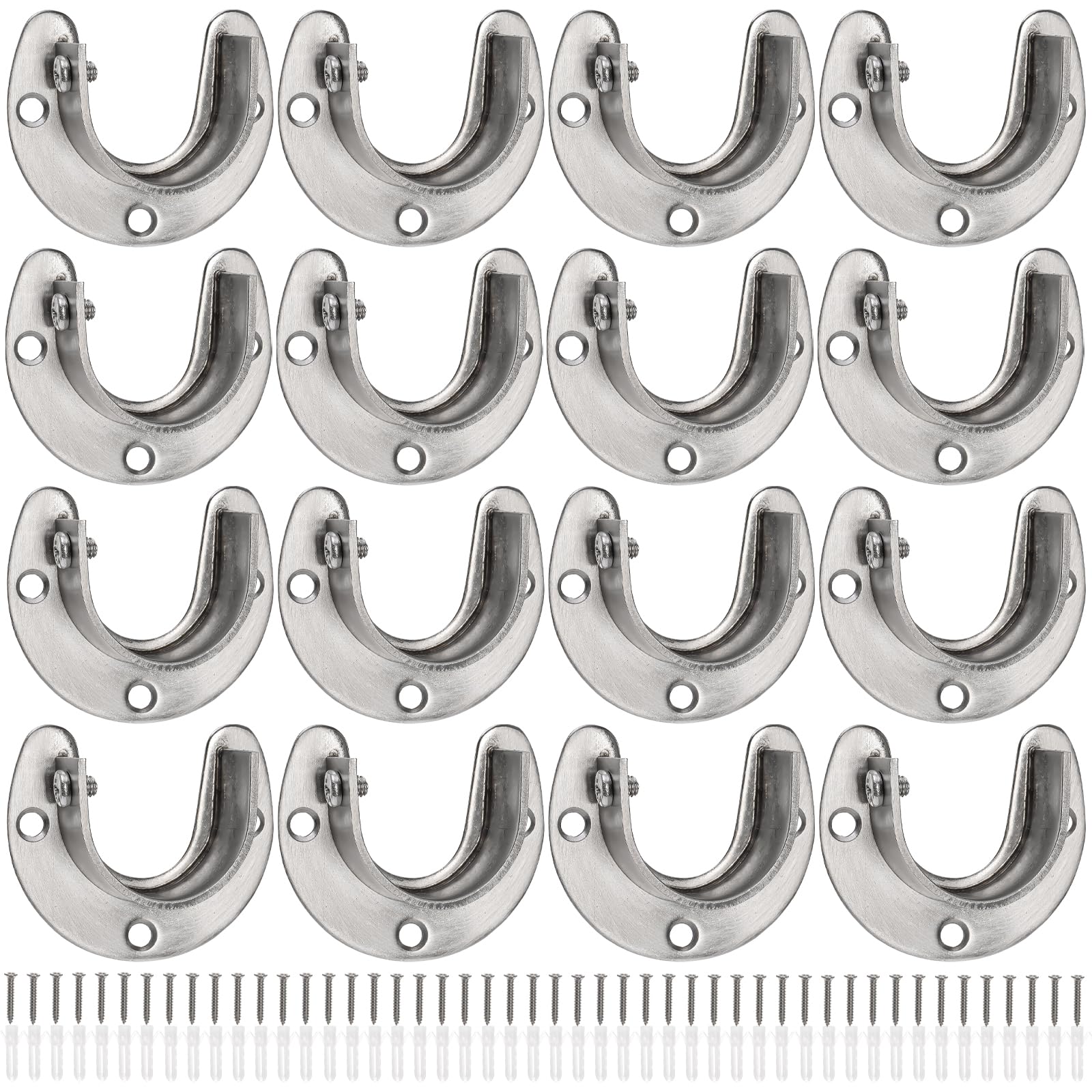 Coloch 16 Pack Stainless Steel Closet Pole Sockets, 1-1/4 Inch Closet Rod Support U-Shaped Curtain Rod Holders Flange Set Rod Holder with Screws