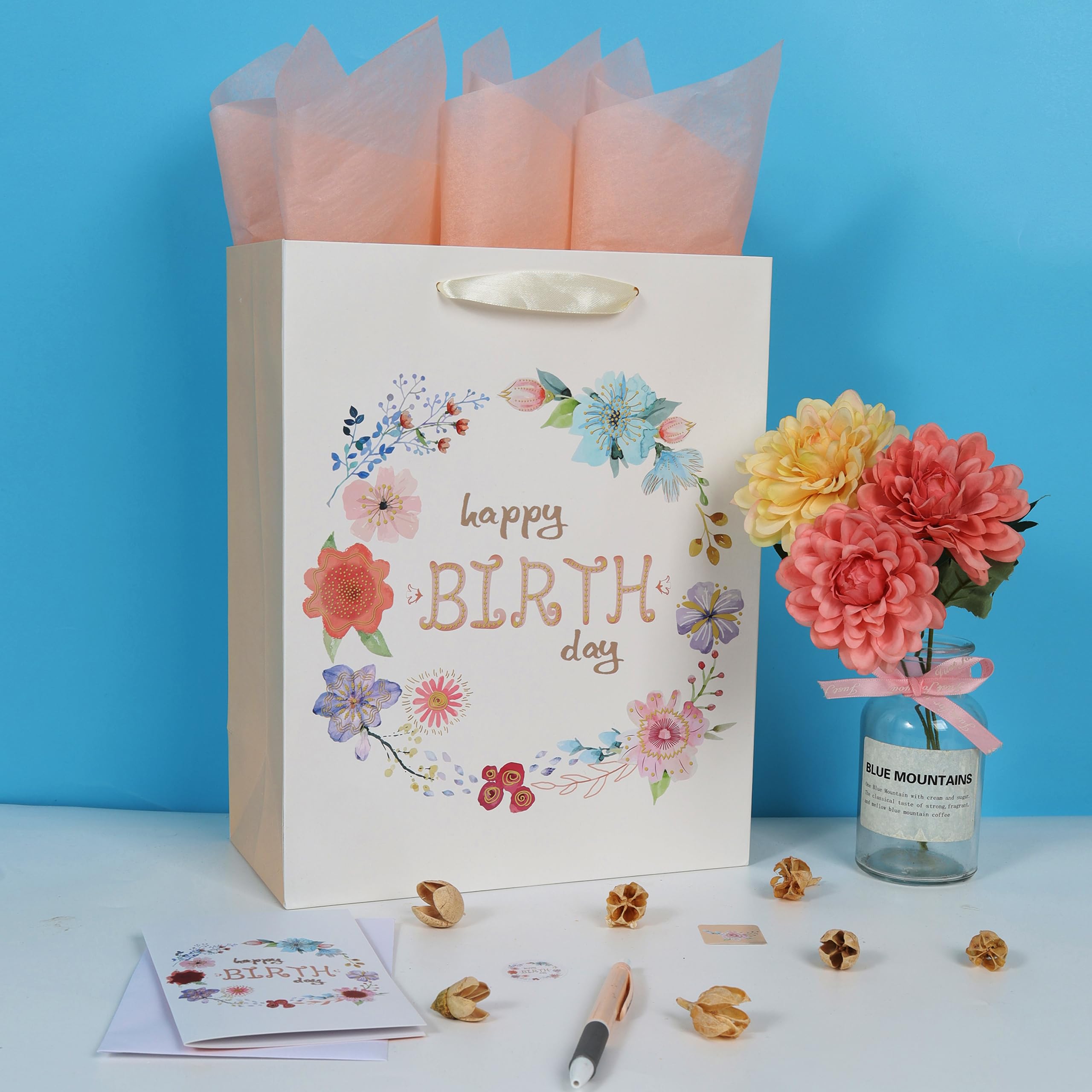 13" Large White Gift Bag Set with Greeting Card and Tissue Papers（Flowers and Happy Birthday）for Women's or Men's Birthday Party, Boys', Girls', or Kids' Parties, Baby Shower, Baby Boy or Girl - 10.2”x5.2”x13”, 1 Pcs.