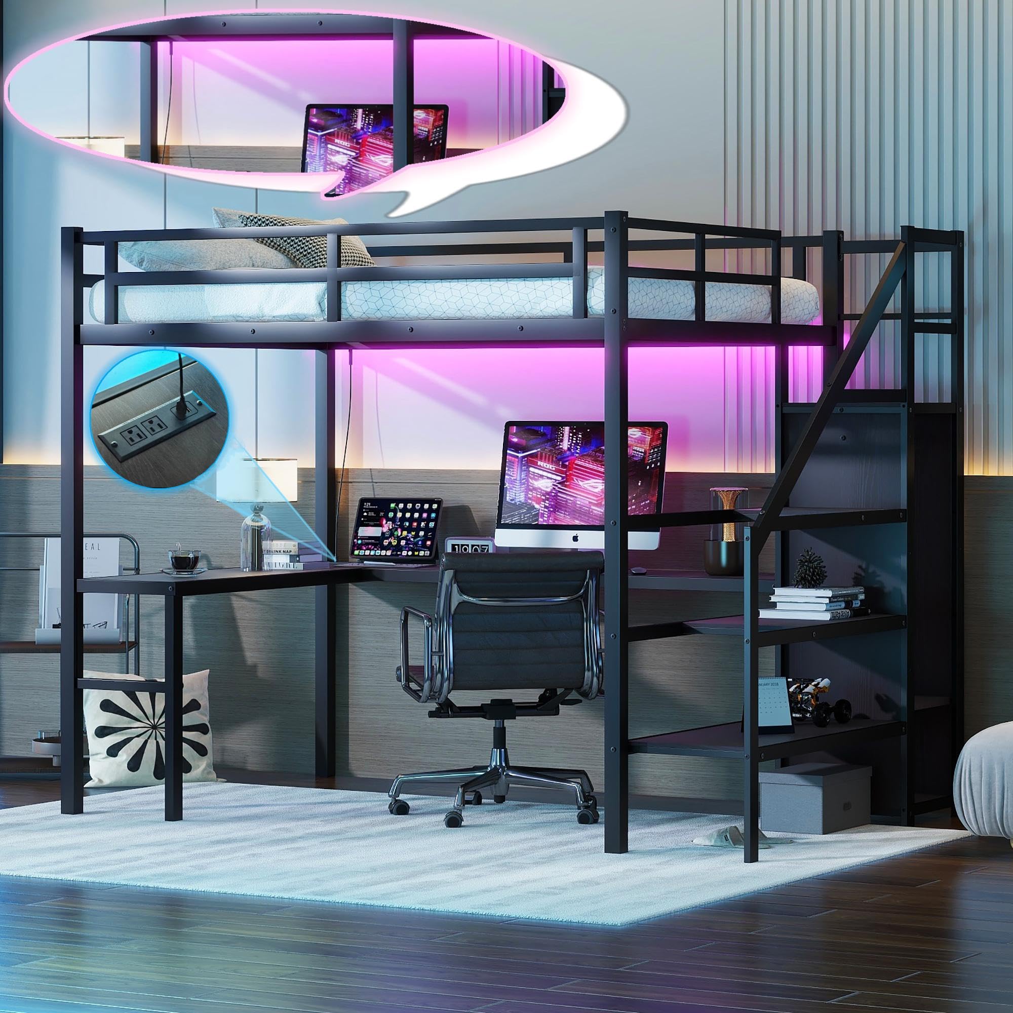 Linique Full Size Gaming Loft Bed with L-Shaped Desk, LED and Charging Station, Metal Loft Bed with Wardrobe and Adjustable Shelf for Kids Teens Adults, Black