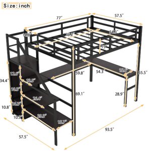 Linique Full Size Gaming Loft Bed with L-Shaped Desk, LED and Charging Station, Metal Loft Bed with Wardrobe and Adjustable Shelf for Kids Teens Adults, Black