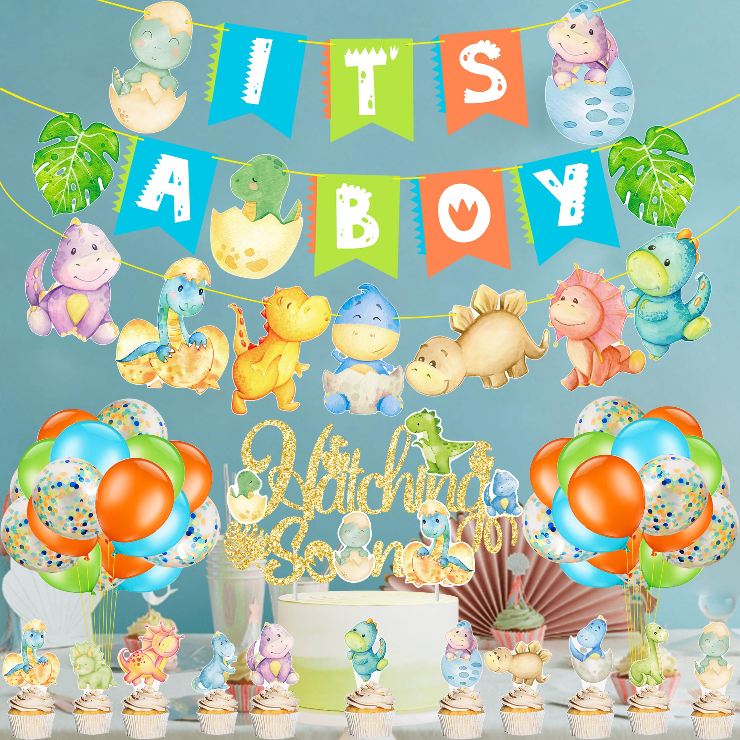 Dinosaur Baby Shower Decoration for Boy Dinosaur It's A Boy Banners Dinosaur Theme Hatching Soon Cake Cupcake Toppers Balloons for Dino Theme Birthday Pregnancy Celebration Party Decorations