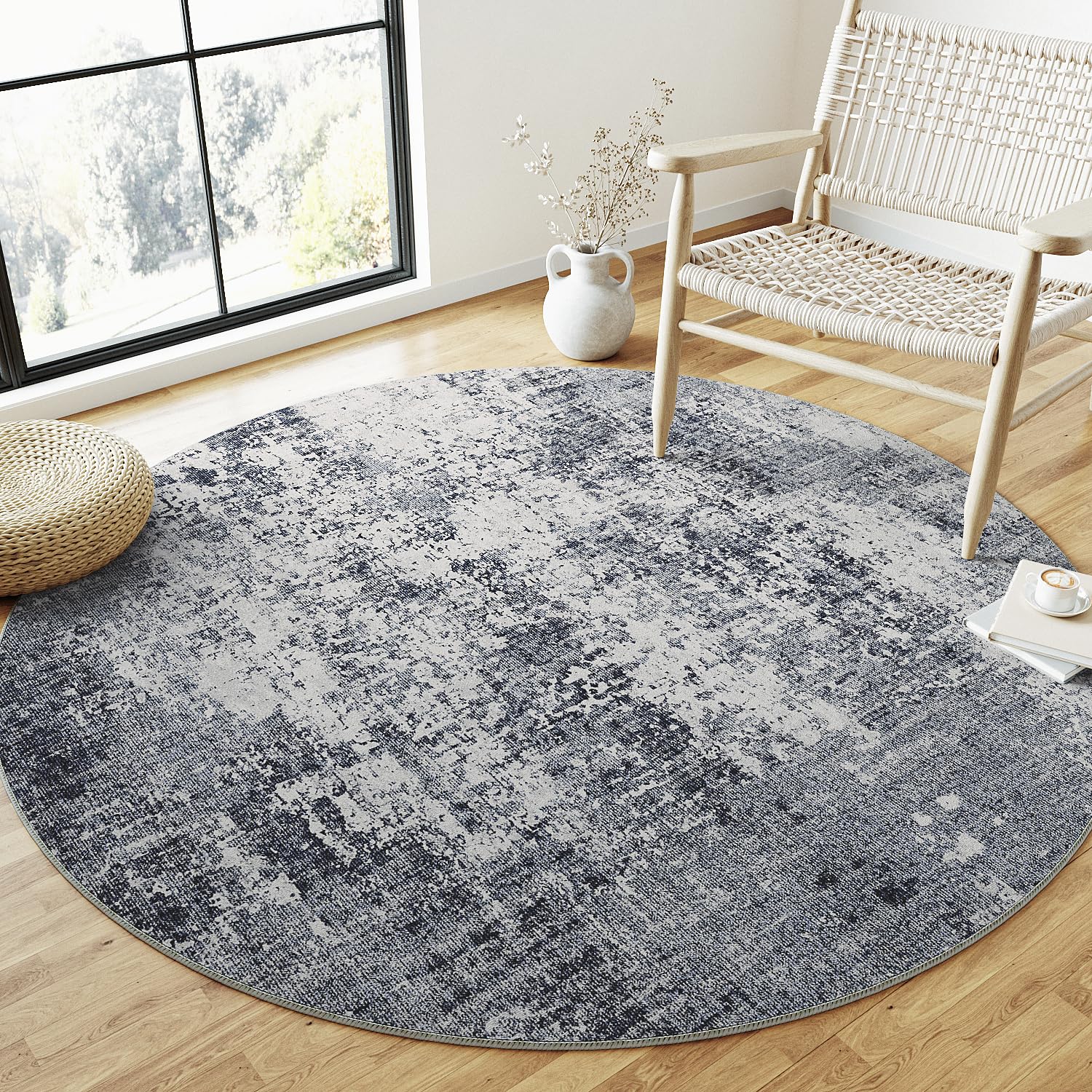 PureCozy Modern Abstract Round Area Rug 6ft Grey Circle Entryway Rug 6x6 Machine Washable Kitchen Accent Rug Indoor Low Pile Carpet Distressed Throw Rug Living Room Bedroom Office Laundry Non Slip