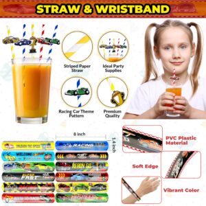 Race Car Party Favors 72 Pcs Mini Race Car Treat Bag Slap Bracelets Keychain Bubble Paper Straws Gift Rewards for Birthday Supply Classroom Reward