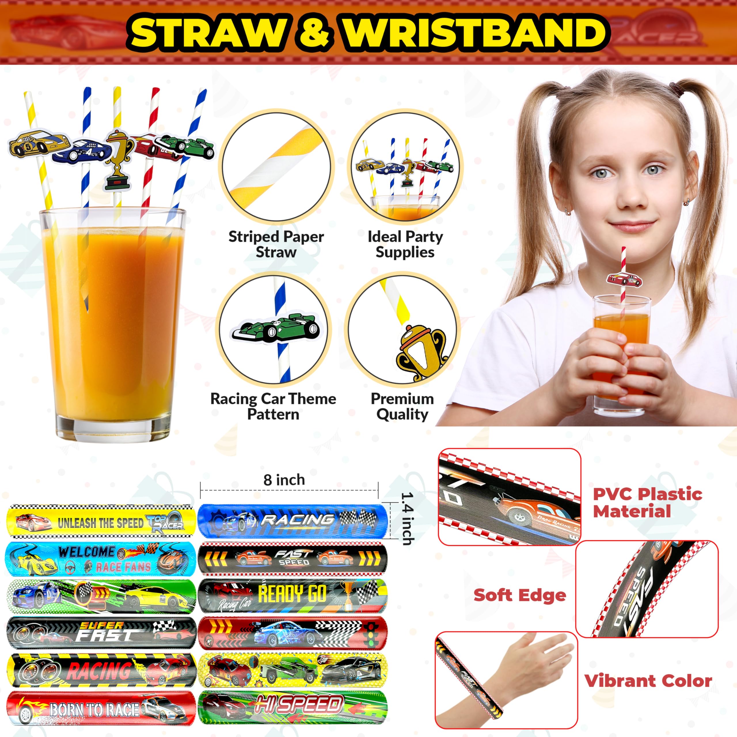 Race Car Party Favors 72 Pcs Mini Race Car Treat Bag Slap Bracelets Keychain Bubble Paper Straws Gift Rewards for Birthday Supply Classroom Reward