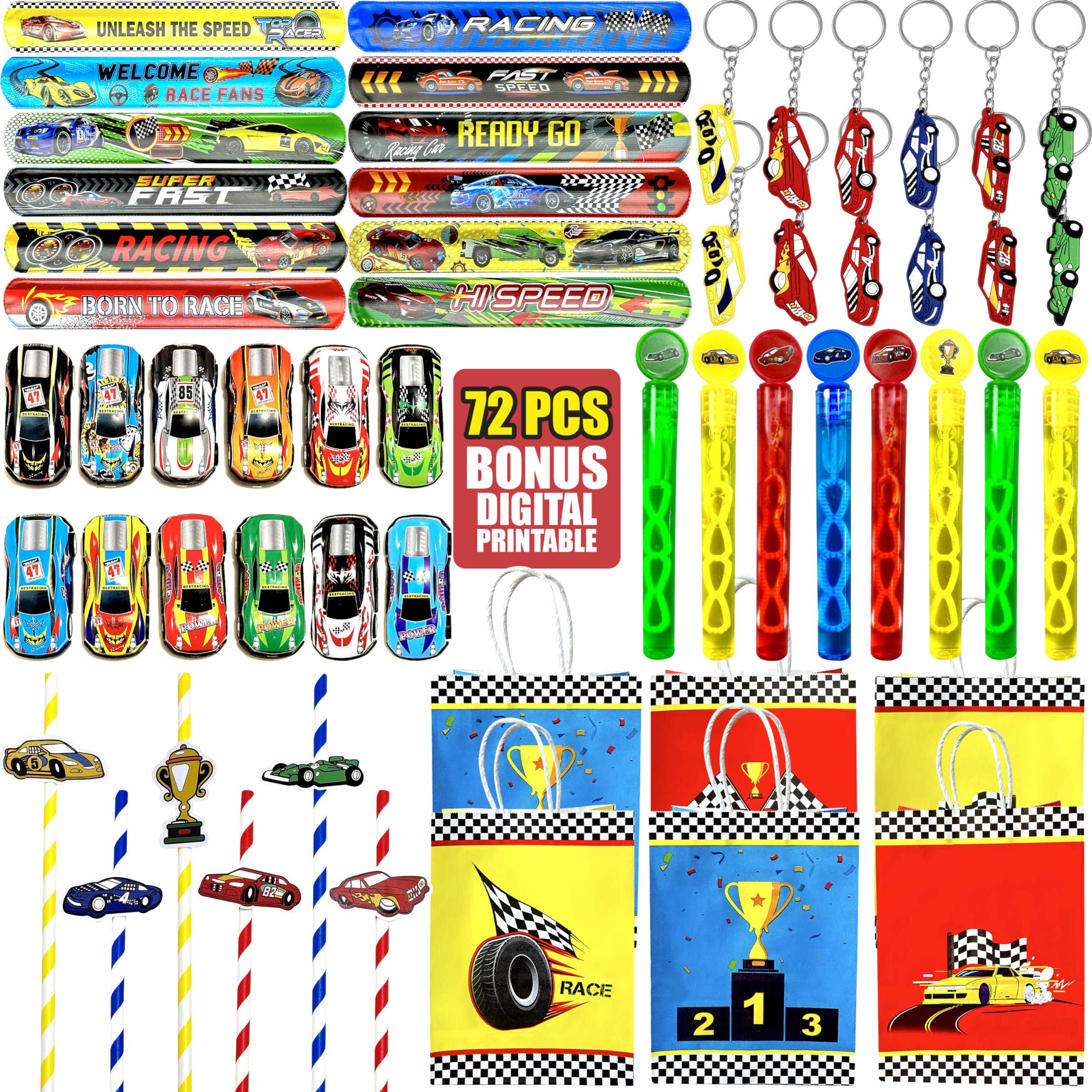 Race Car Party Favors 72 Pcs Mini Race Car Treat Bag Slap Bracelets Keychain Bubble Paper Straws Gift Rewards for Birthday Supply Classroom Reward