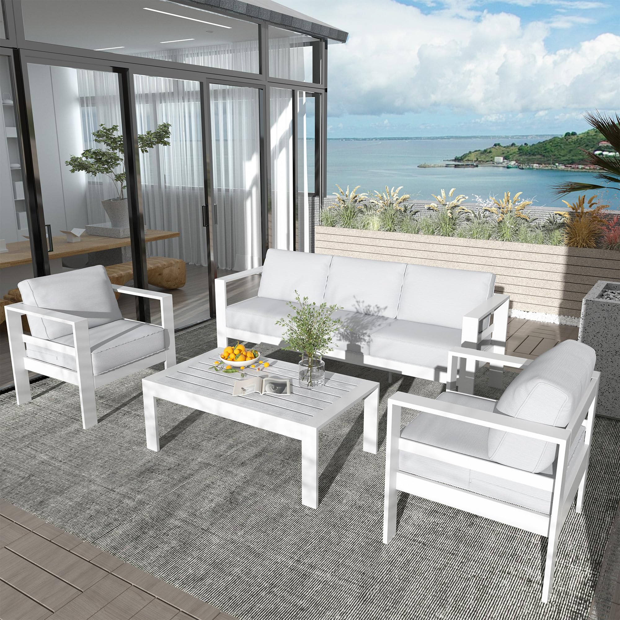 MU Aluminum Patio Furniture Set, 5 Pieces Modern Outdoor Sectional Sofa Couch with Upgrade Cushion and Coffee Table, Oversized Patio Conversation Set, White Frame and Light Grey Cushion