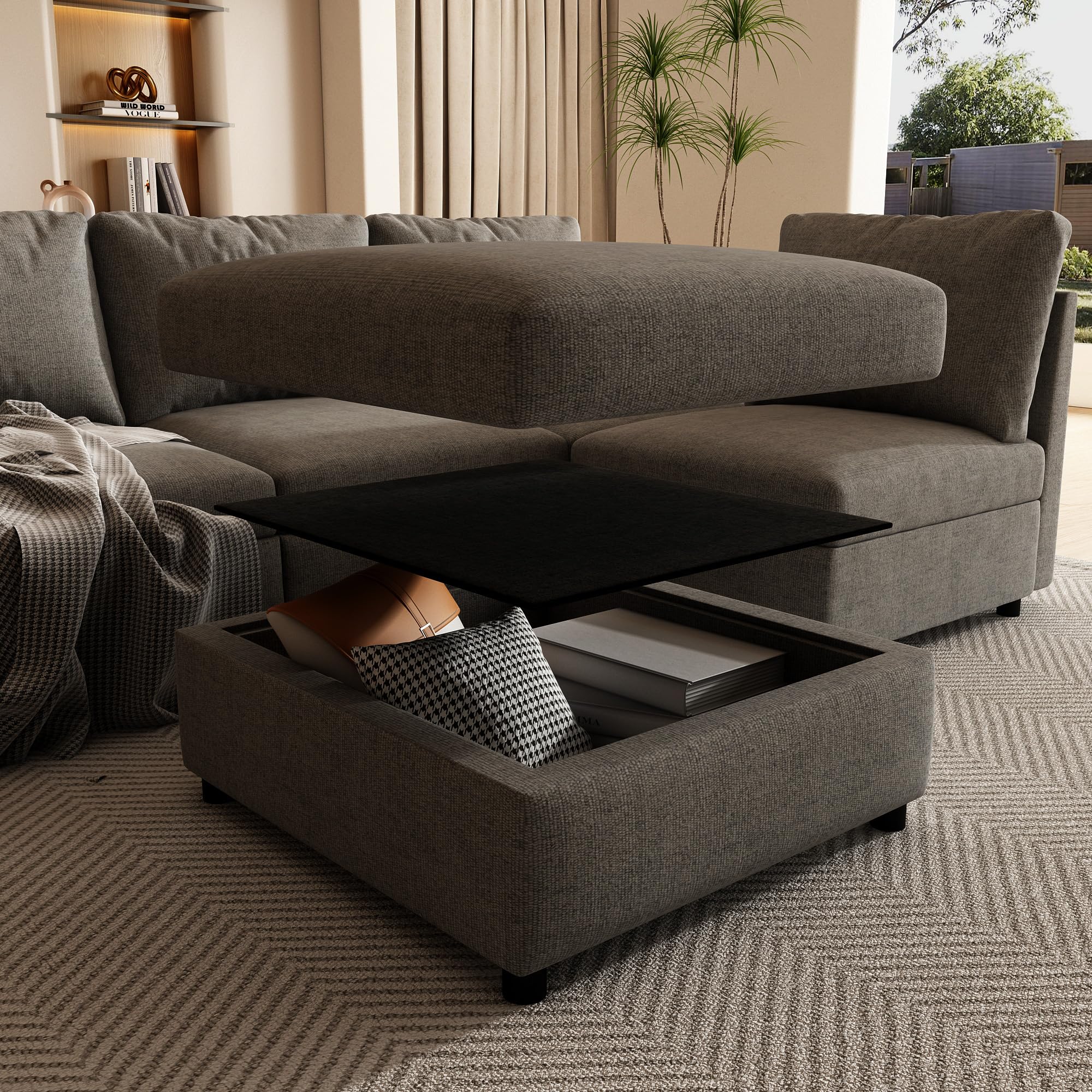 123.6" Oversized Chenille Upholstered Modular Storage Sectional Sofa Couch W/2 Movable Ottomans & Cupholders, U-Shaped Corner Free Combined Sofa&Couch Convertible Sleeper Sofabed for Living Room