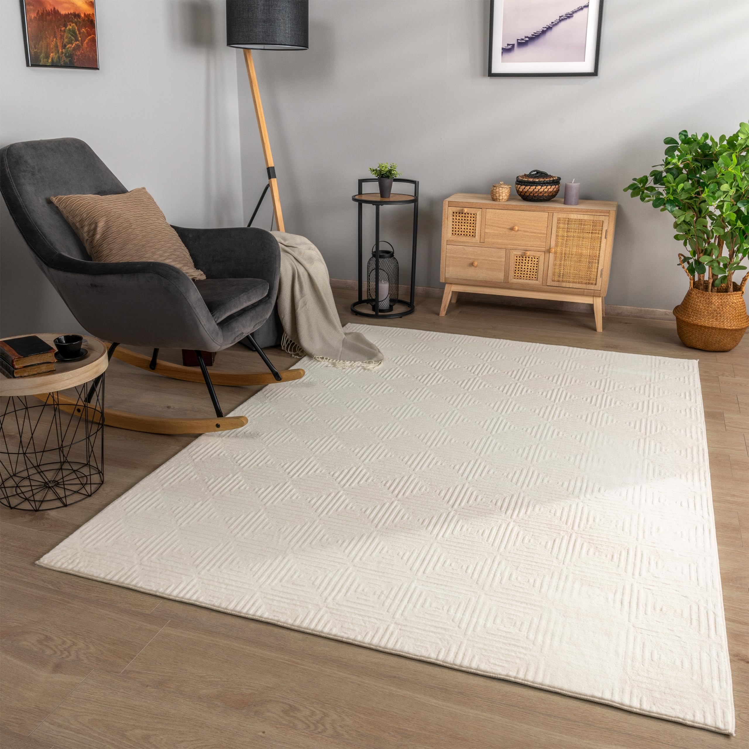 Paco Home Area Rug Washable & Soft with Geometric Pattern - Cream, Size: 6'7" x 9'2"