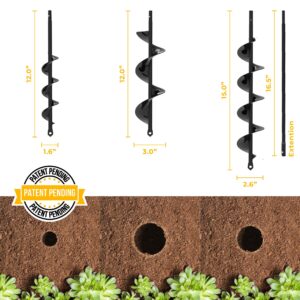 Auger Drill Bit for Planting 3 Pack - with Extension - Garden Tools Spiral Hole Drill Planter for Bulb Planting, Fence Post, Umbrella Holes - 3/8'' Hex Drive Drill - Gardening, Hole Digger Yard Tools