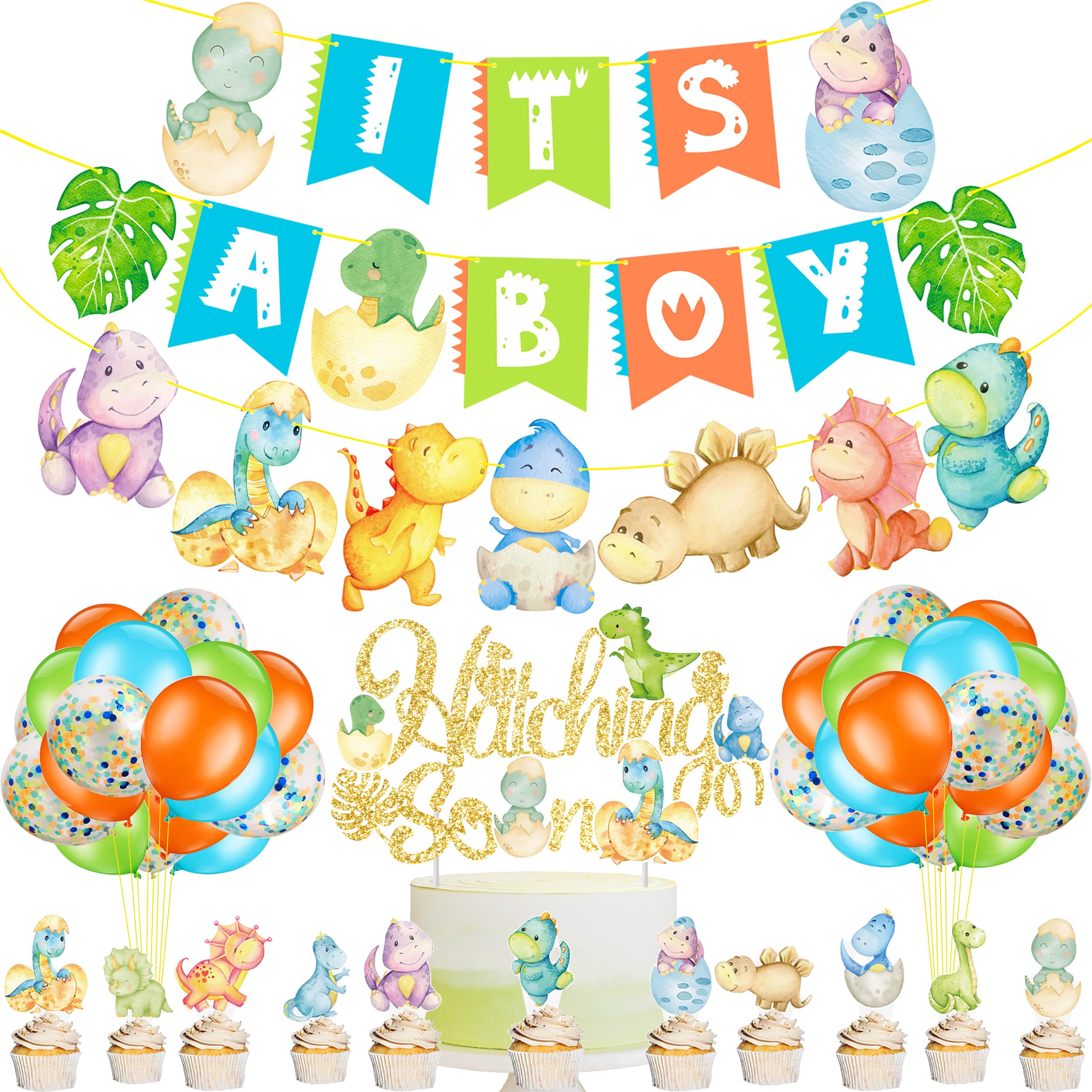 Dinosaur Baby Shower Decoration for Boy Dinosaur It's A Boy Banners Dinosaur Theme Hatching Soon Cake Cupcake Toppers Balloons for Dino Theme Birthday Pregnancy Celebration Party Decorations