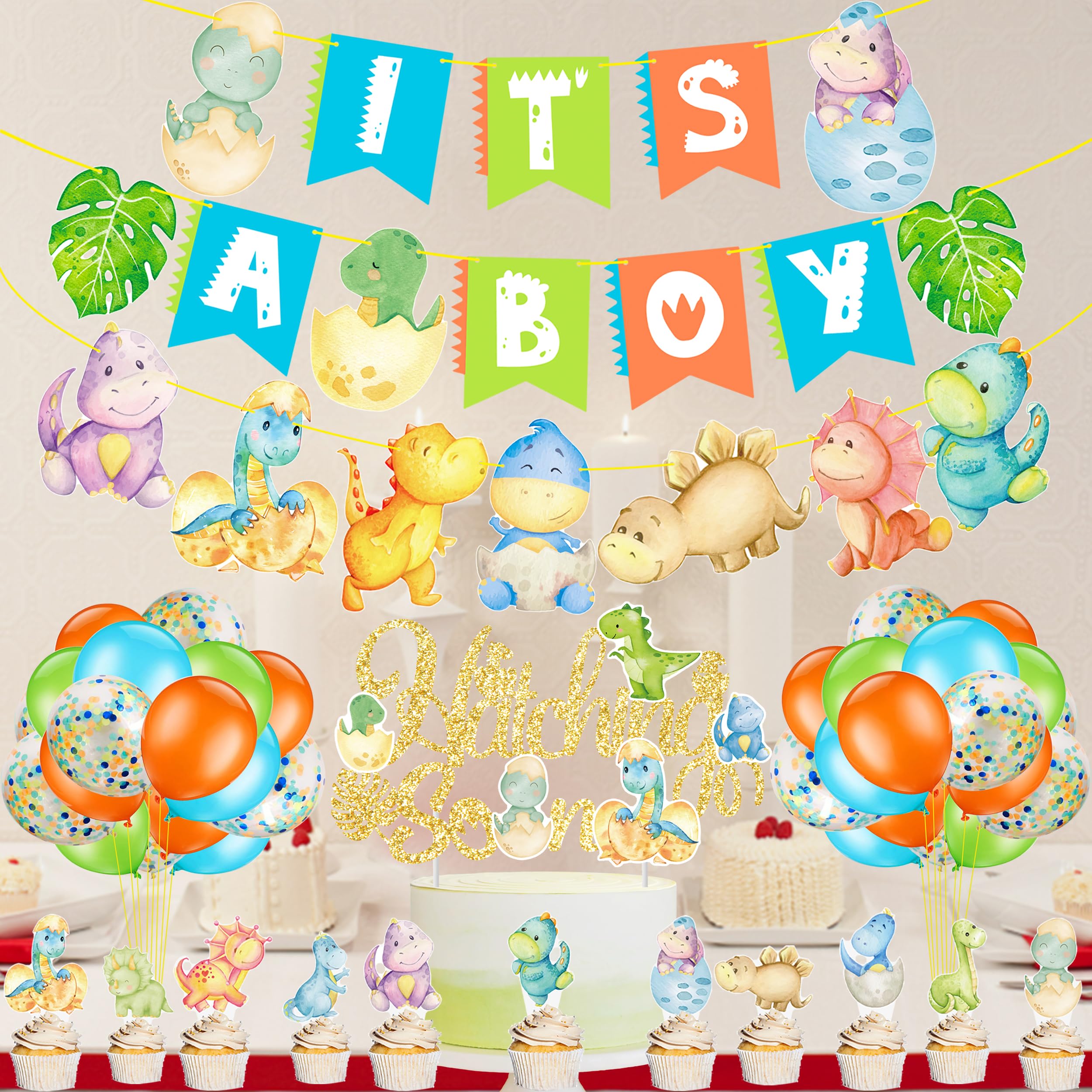 Dinosaur Baby Shower Decoration for Boy Dinosaur It's A Boy Banners Dinosaur Theme Hatching Soon Cake Cupcake Toppers Balloons for Dino Theme Birthday Pregnancy Celebration Party Decorations