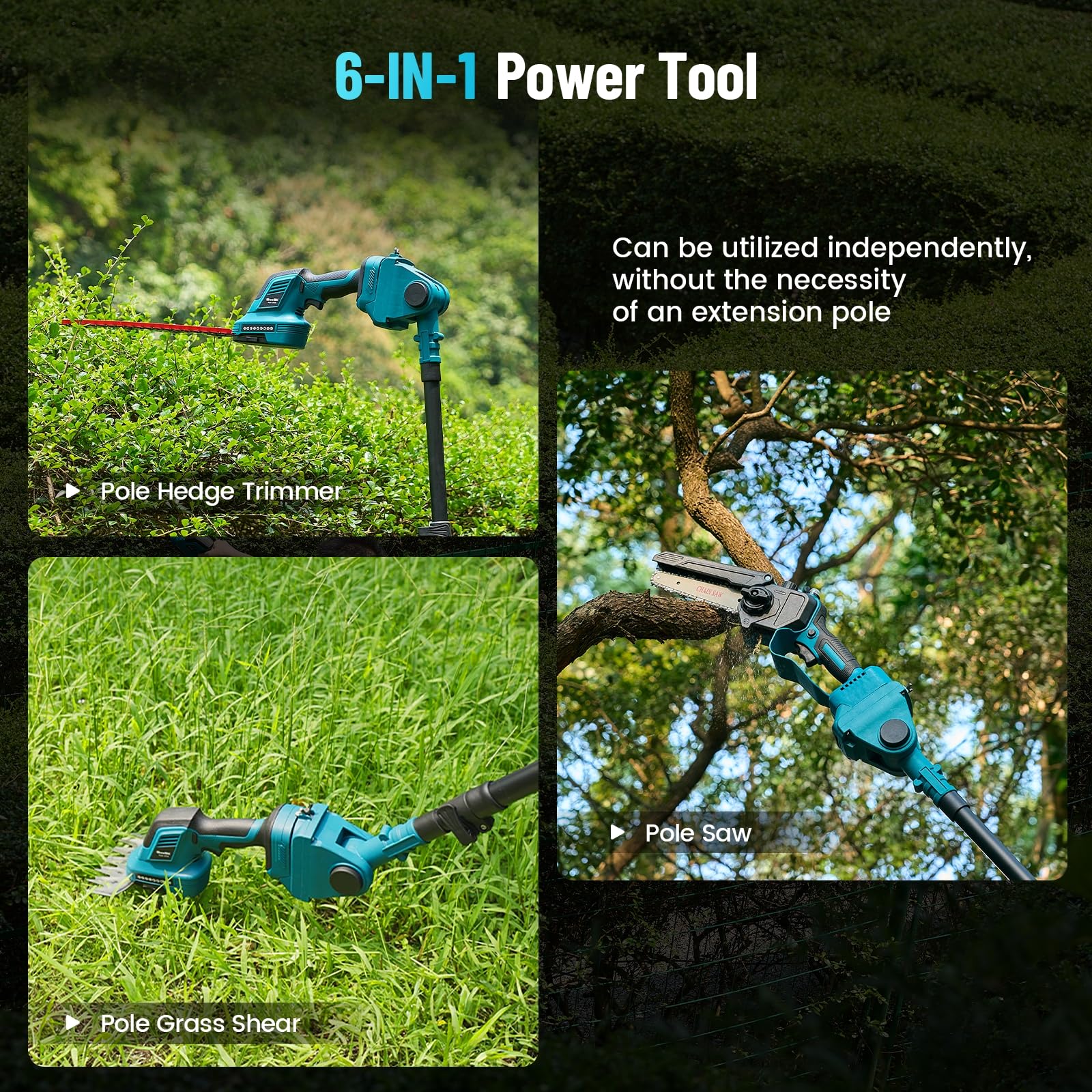 Seesii 6-in-1 Cordless Pole Saw and Pole Hedge Trimmer Grass Shears Combo Kit, Electric Mini Chainsaw with 2*4.0 Ah Batteries, Extension Tree Prunner, Bush Trimmer Limb Branch Cutter, 16ft Long Reach