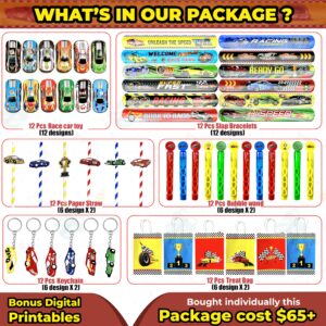 Race Car Party Favors 72 Pcs Mini Race Car Treat Bag Slap Bracelets Keychain Bubble Paper Straws Gift Rewards for Birthday Supply Classroom Reward