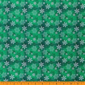 Mook Fabrics Cotton 2024 Christmas Snowflakes, Green Cut by The Yard