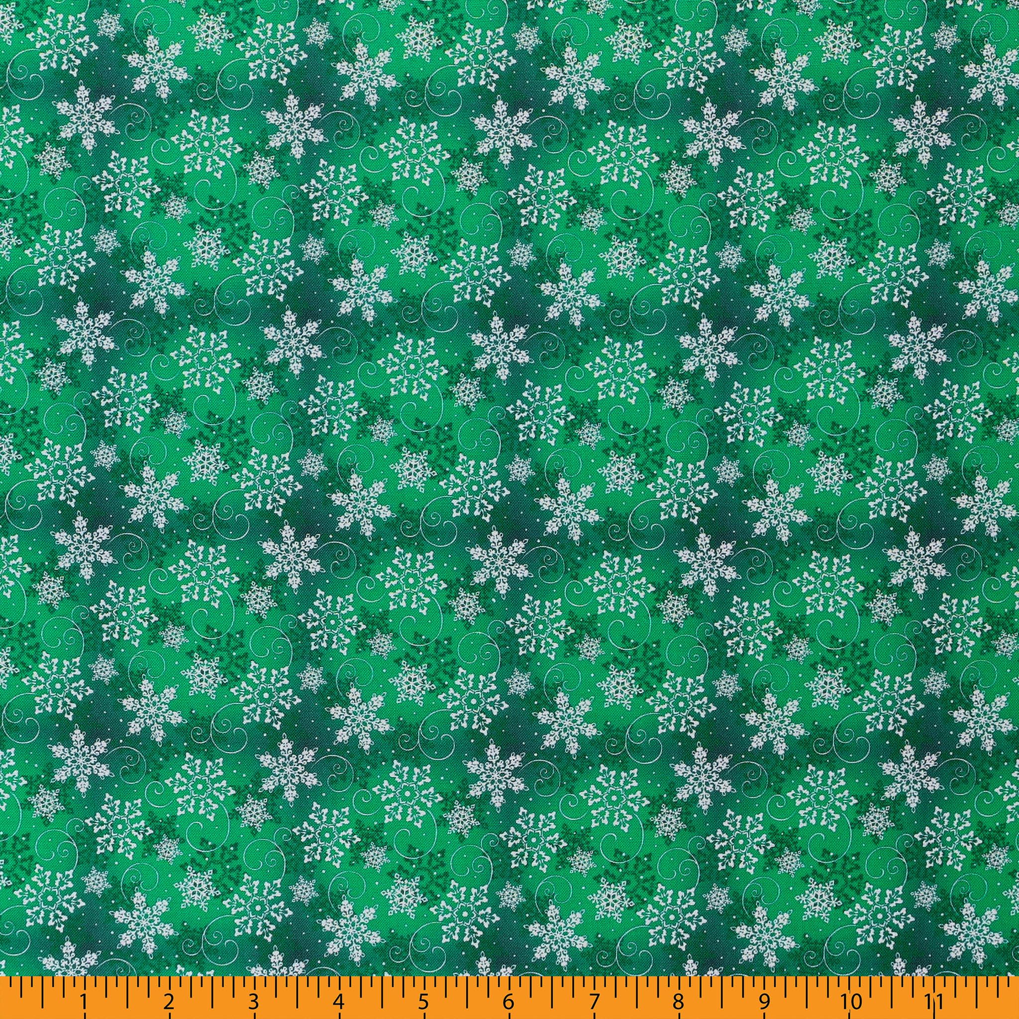 Mook Fabrics Cotton 2024 Christmas Snowflakes, Green Cut by The Yard