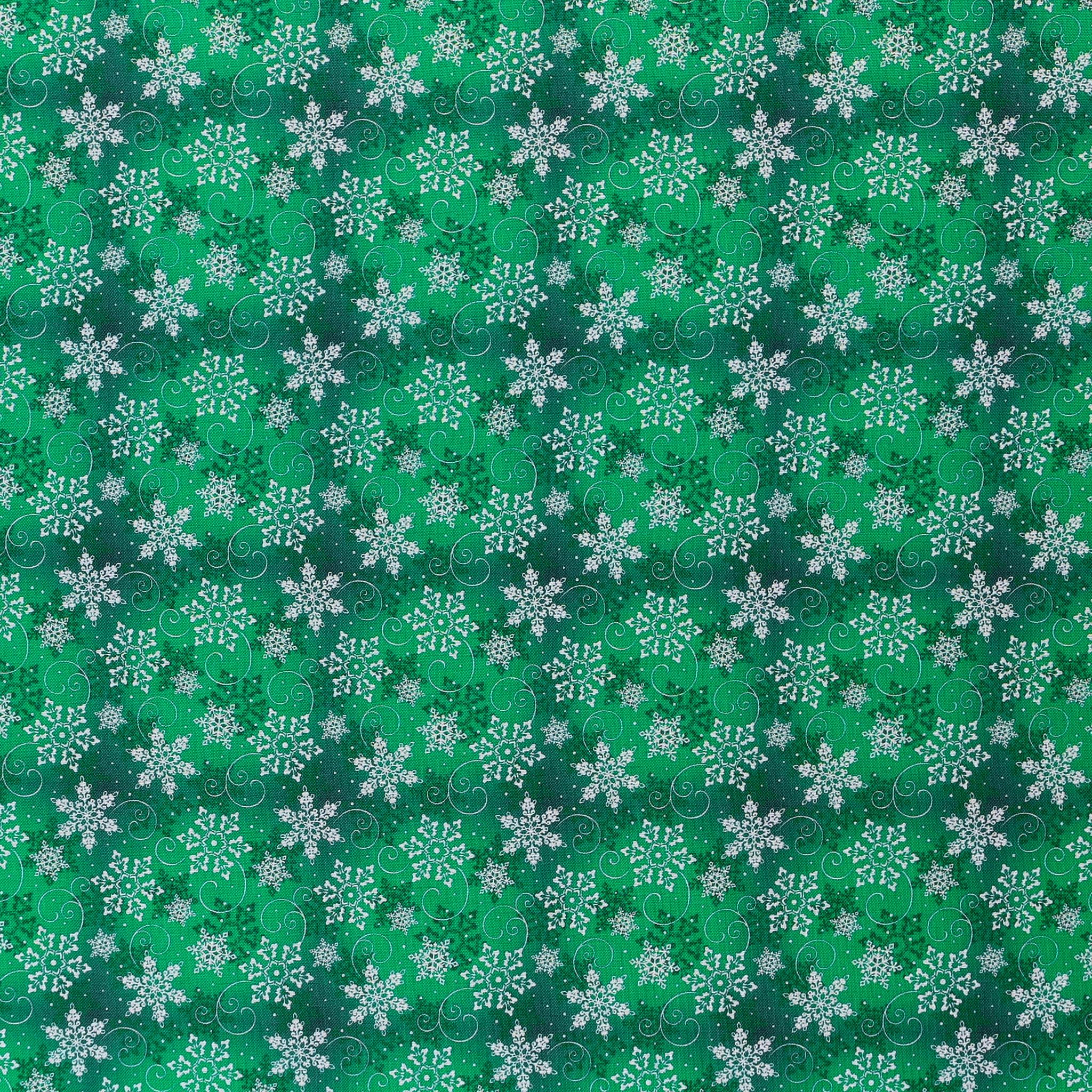 Mook Fabrics Cotton 2024 Christmas Snowflakes, Green Cut by The Yard