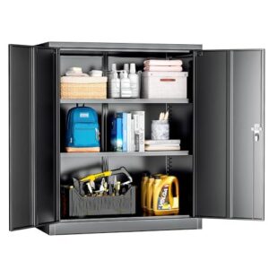 superday locking metal cabinet, 36"×32"×16" lockable steel storage cabinet with 2 doors and 2 shelves, small metal utility cabinet closet for home office file pantry garage (black)