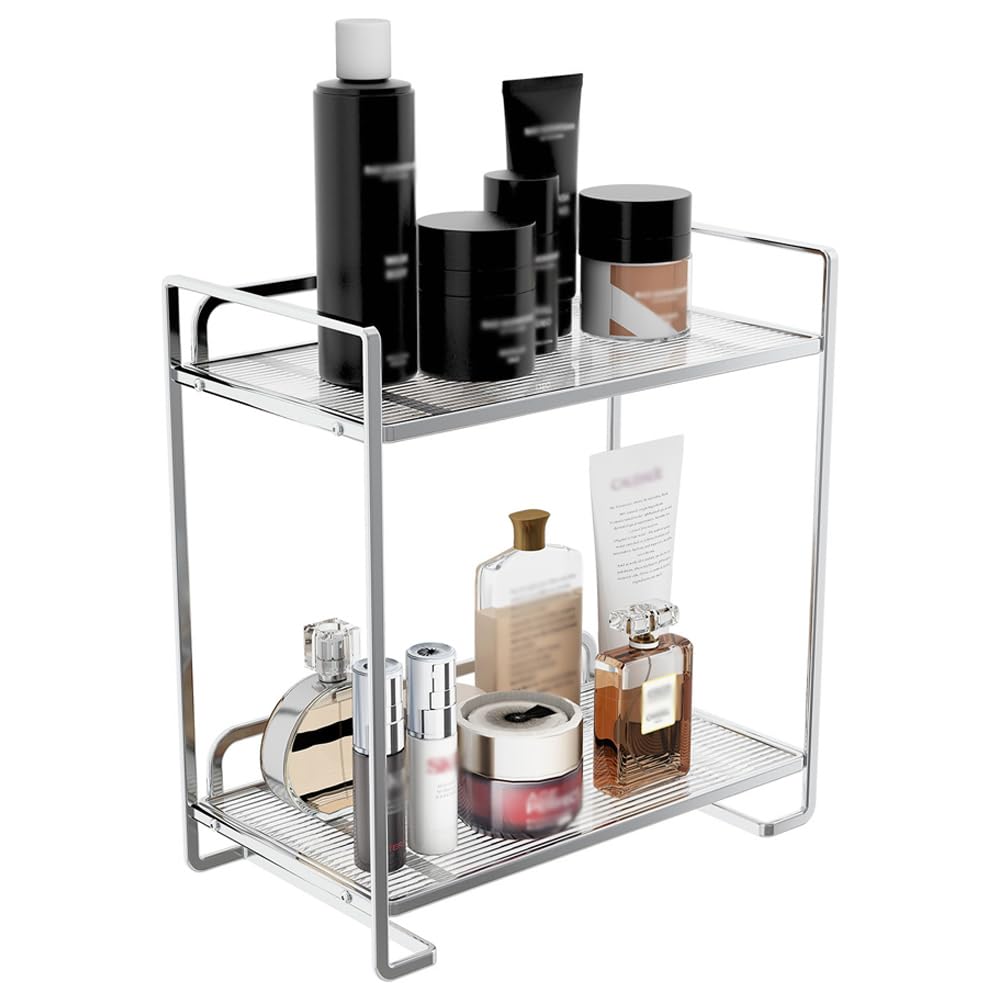 Bathroom Countertop Organizer, 2 Tier Acrylic Tray Vanity Counter Skincare Organizer Shelf, Kitchen Under Sink Standing Rack, for Counter Trays, Perfume, Display, Lotion, Cosmetic (Silver, 2 Layer)