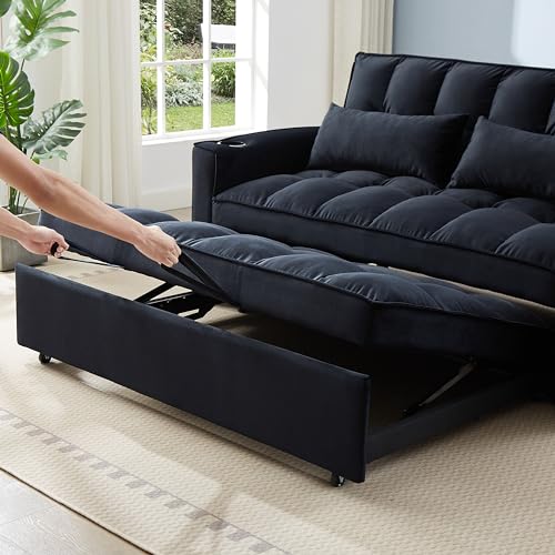 FANYE 64" W Oversized Loveseat Sofa Convertible Spacious Full Size Sofabed with Cupholders, Pull Out Couch Bed,USB Charging Ports and Storage Pockets for Home Apartment Office Living Room