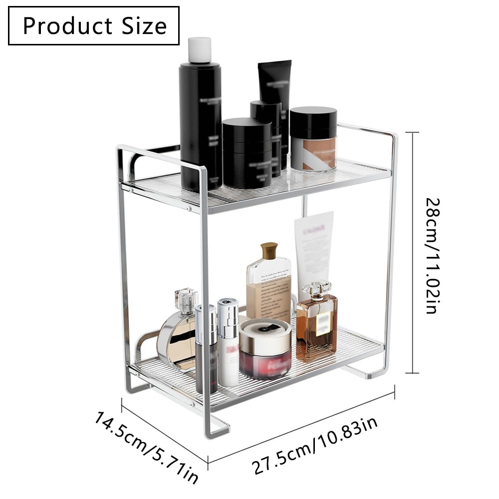 Bathroom Countertop Organizer, 2 Tier Acrylic Tray Vanity Counter Skincare Organizer Shelf, Kitchen Under Sink Standing Rack, for Counter Trays, Perfume, Display, Lotion, Cosmetic (Silver, 2 Layer)