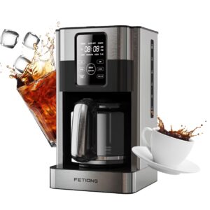 FETIONS Coffee Maker with Glass Carafe for Home Office, Programmable Stainless Steel Drip Coffee Machine with Timer Auto Shut-Off, LED Screen, 12-Cup Coffee Pot with Anti-Drip System, Reusable Filter