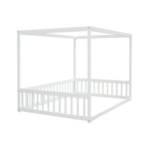 Full Size Canopy Bed Frame with Guardrails for Kids,Floor Bed Full with Four Poster Design,Kids Montessori Floor Bed,Wood Canopy Bed Frame for Girls,Boys(Full,White)