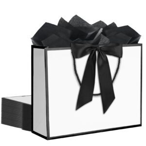 12 pcs white gift bags with handles 12.5x4.5x10 inches large paper bags with bow ribbon and tissue paper gift wrap bags for birthday bridesmaid party wedding baby shower valentines, white-black