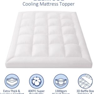 ELEMUSE 1300 GSM Overfilled Mattress Topper King with Baffle Box Design,Extra Thick Cooling King Pillow Top Pad, 400TC Organic Cotton Cover, Plush & Support Snow Down Alternative, White