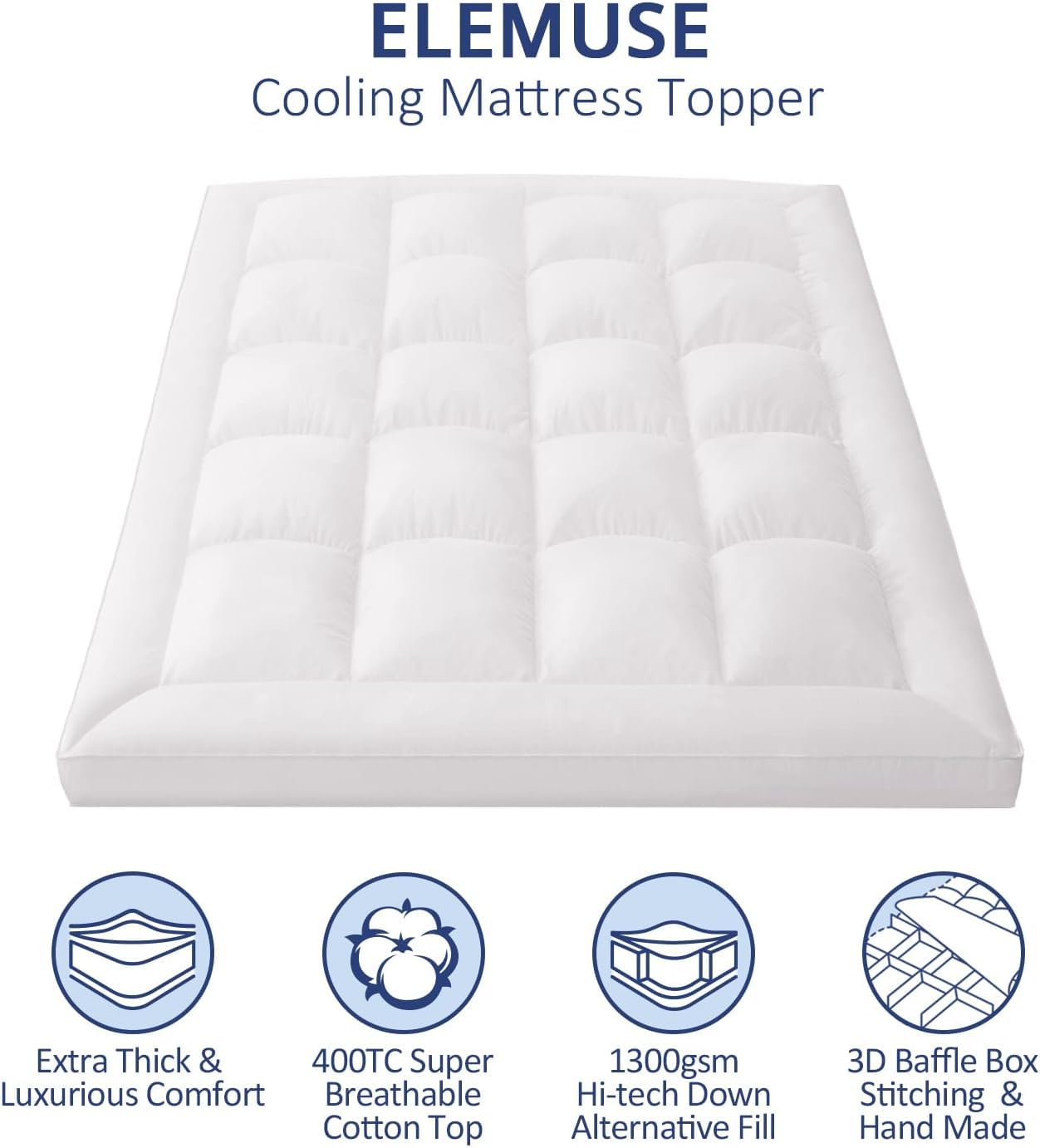 ELEMUSE 1300 GSM Overfilled Mattress Topper King with Baffle Box Design,Extra Thick Cooling King Pillow Top Pad, 400TC Organic Cotton Cover, Plush & Support Snow Down Alternative, White