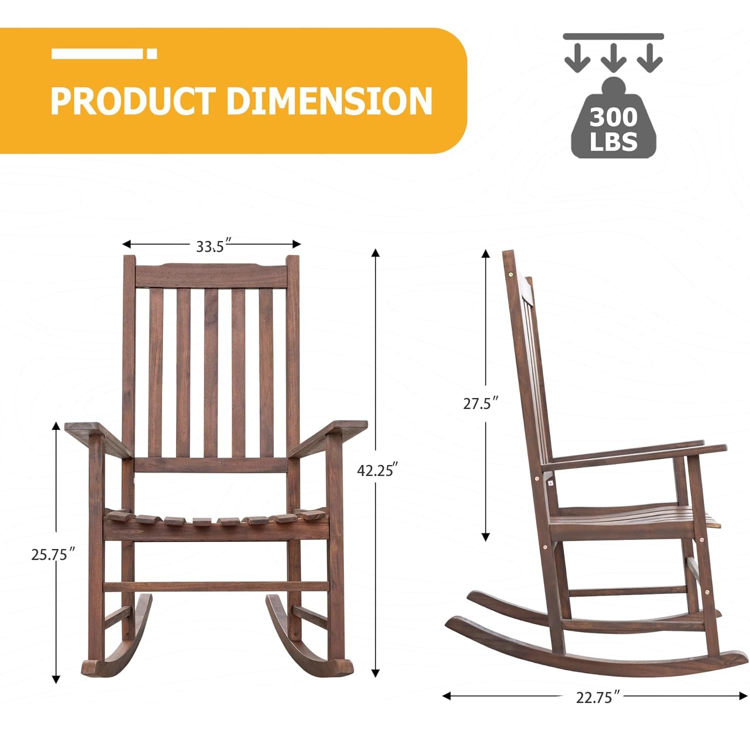 anwickjeff Outdoor Rocking Chair, High Back Slat Reclining, Wooden Rocker Chairs, Indoor Lounge Chair for Backyard/Lawn/Patio/Garden/Porch/Balcony (Brown)