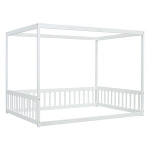 Full Size Canopy Bed Frame with Guardrails for Kids,Floor Bed Full with Four Poster Design,Kids Montessori Floor Bed,Wood Canopy Bed Frame for Girls,Boys(Full,White)