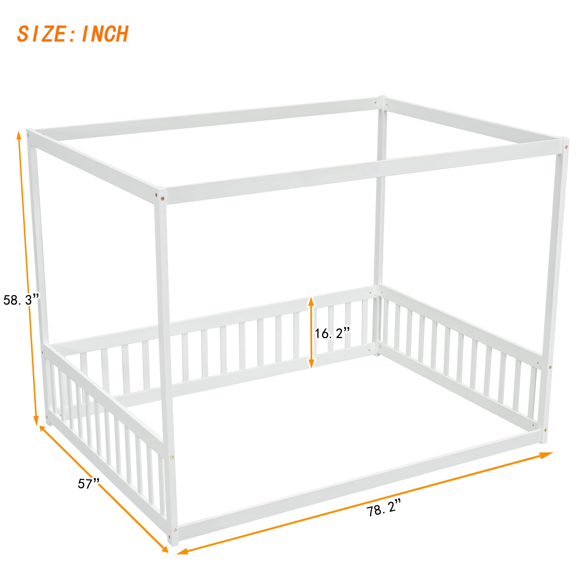 Full Size Canopy Bed Frame with Guardrails for Kids,Floor Bed Full with Four Poster Design,Kids Montessori Floor Bed,Wood Canopy Bed Frame for Girls,Boys(Full,White)