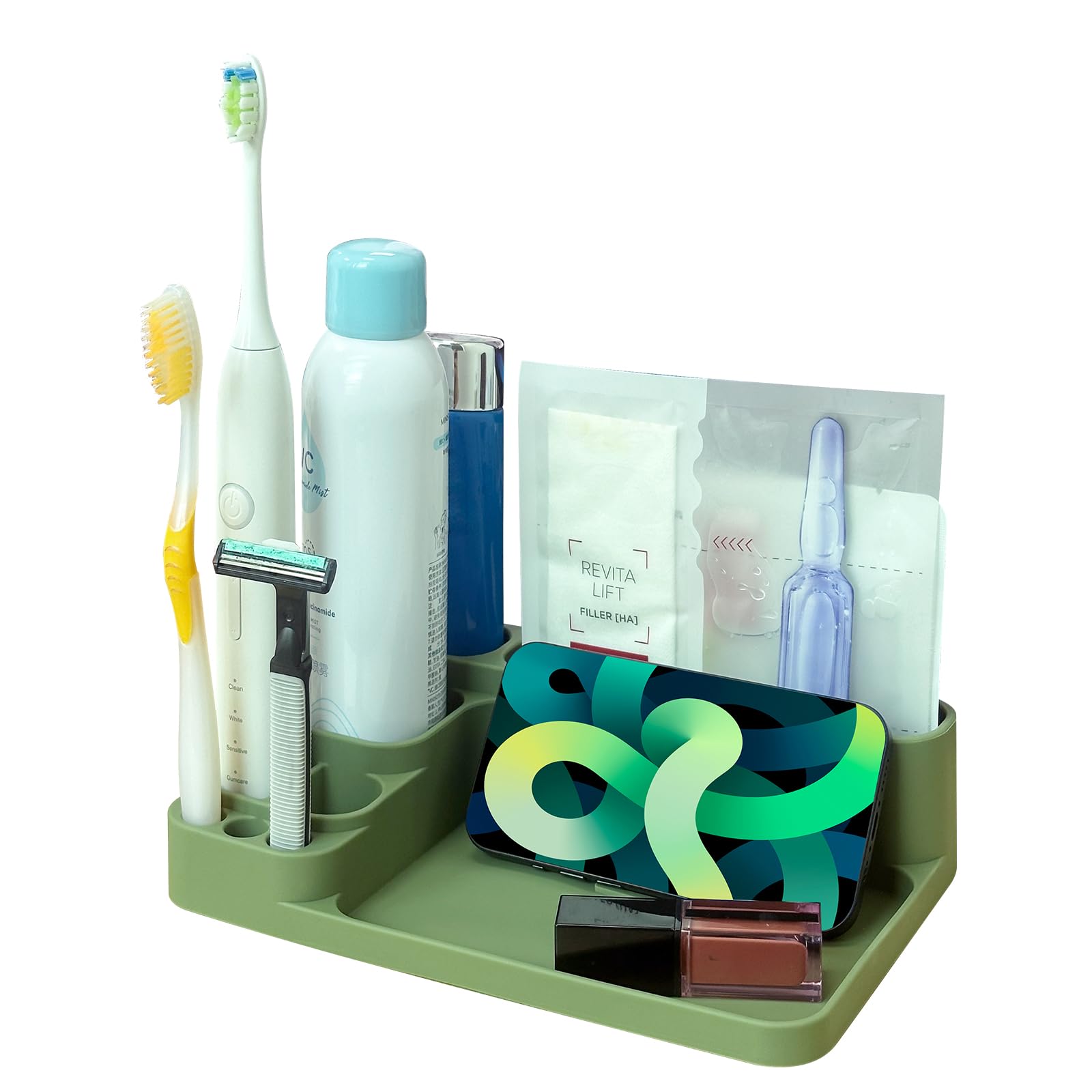 Bathroom Countertop Electric Toothbrush Toothpaste Organizer, Toiletry Counter Sink Silicone Organization Small Storage, Multifunctional Vanity Brush Stand, Green