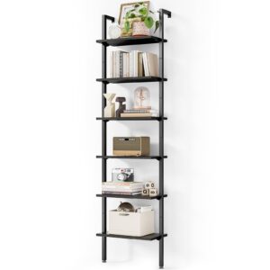 odk ladder shelf, 6 tier black bookshelf, 86 inch wall mounted book shelf with metal frame, ladder bookshelf bookcase for bedroom, home office and living room