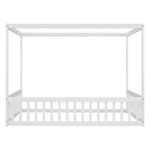 Full Size Canopy Bed Frame with Guardrails for Kids,Floor Bed Full with Four Poster Design,Kids Montessori Floor Bed,Wood Canopy Bed Frame for Girls,Boys(Full,White)