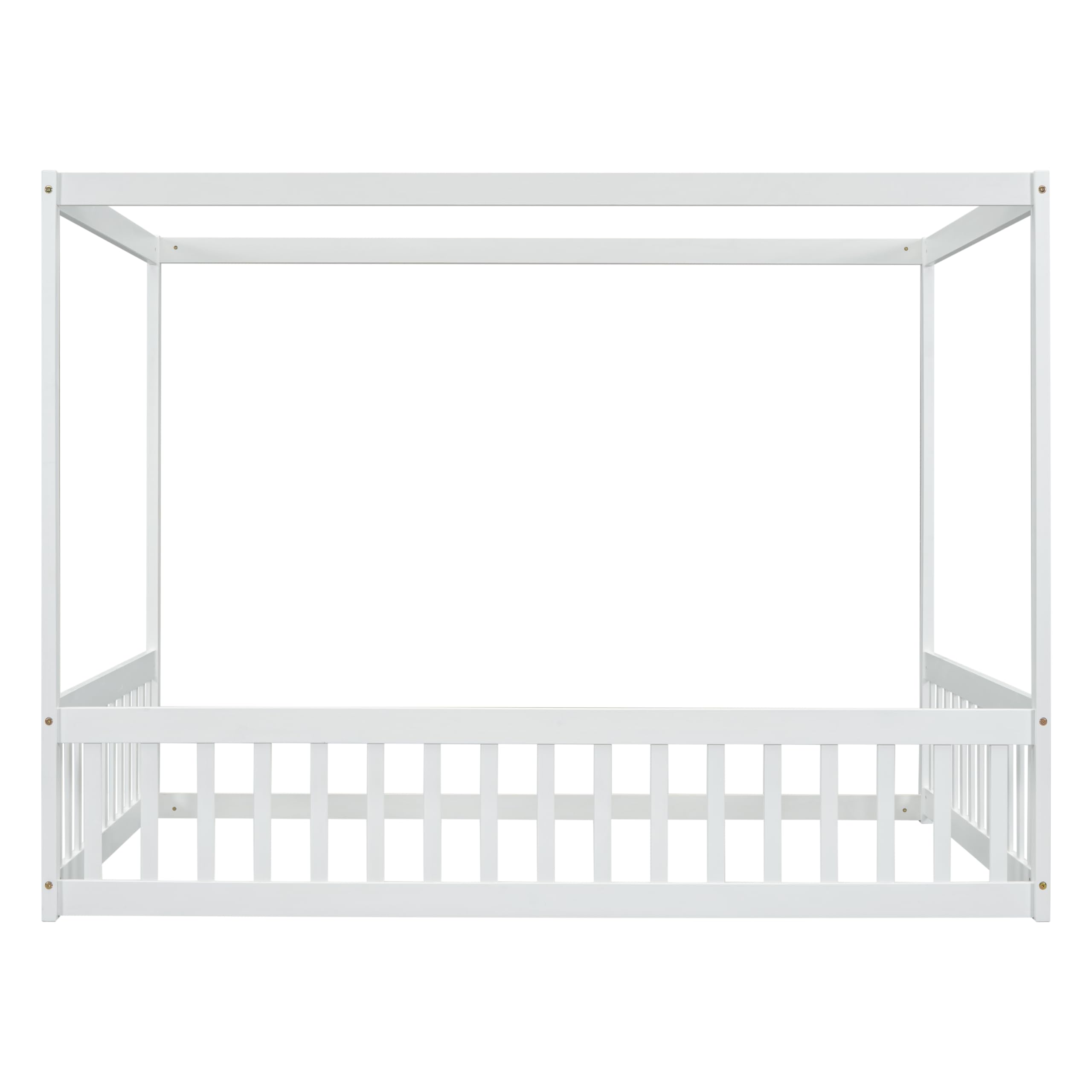 Full Size Canopy Bed Frame with Guardrails for Kids,Floor Bed Full with Four Poster Design,Kids Montessori Floor Bed,Wood Canopy Bed Frame for Girls,Boys(Full,White)