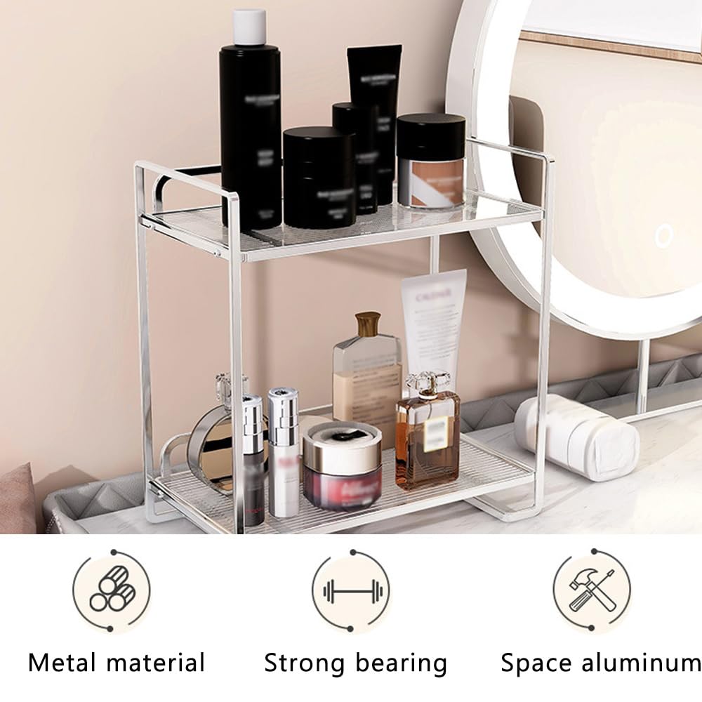 Bathroom Countertop Organizer, 2 Tier Acrylic Tray Vanity Counter Skincare Organizer Shelf, Kitchen Under Sink Standing Rack, for Counter Trays, Perfume, Display, Lotion, Cosmetic (Silver, 2 Layer)