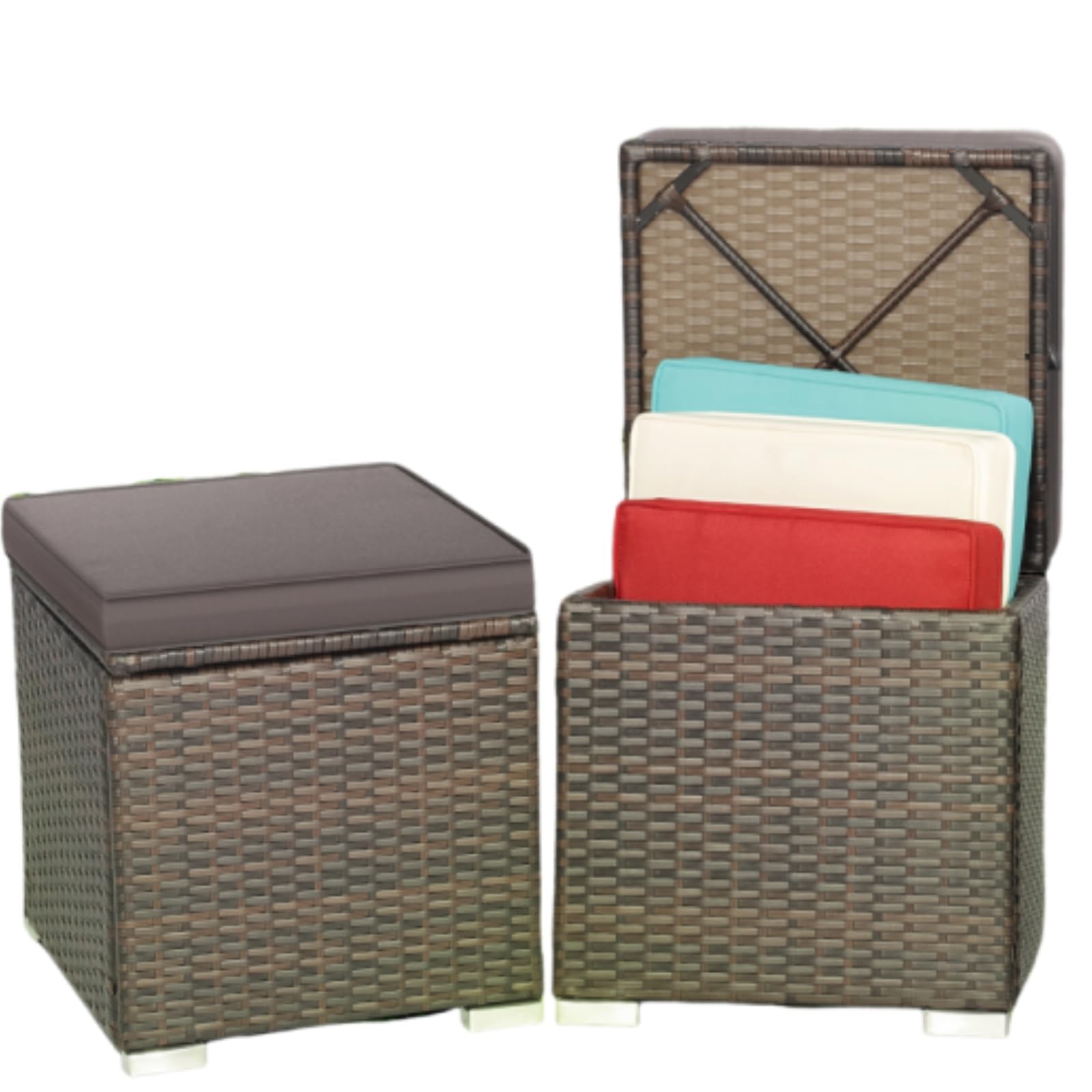 MEDIMALL Patio Wicker Ottoman Set of 2, Multipurpose Outdoor Footstool w/Removable Cushions, Rattan Side Table w/Storage, Footstool Ottoman Seat for Garden, Backyard, Poolside (Gray)