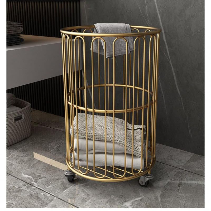 Rolling Hamper with Wheels, 360° Laundry Hamper with Wheels, Metal Laundry Basket, for Living Room, Bathroom, Closet or Bedroom (Color : Gold)