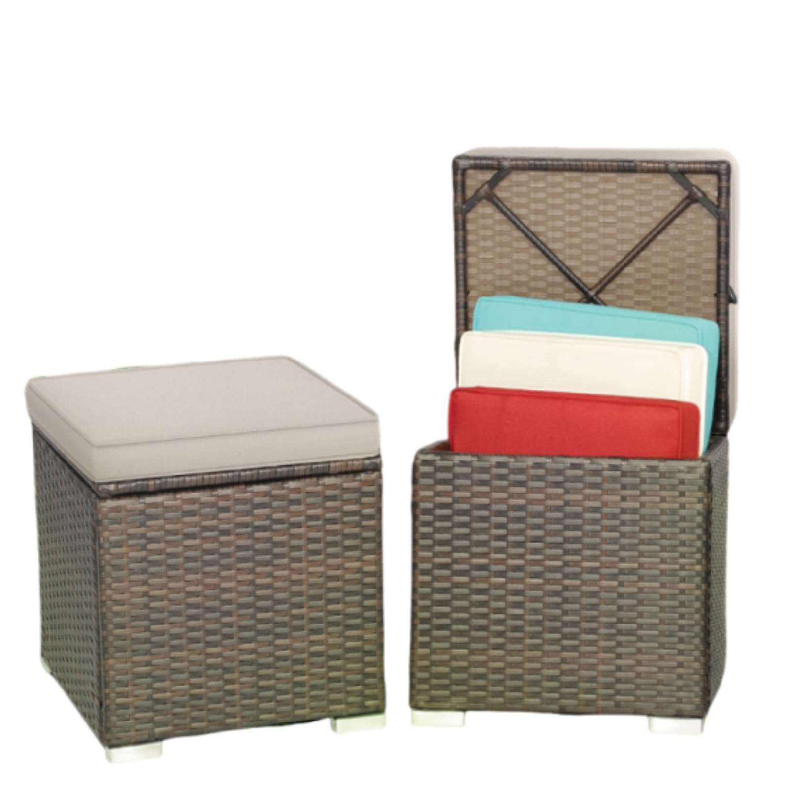 MEDIMALL Patio Wicker Ottoman Set of 2, Multipurpose Outdoor Footstool w/Removable Cushions, Rattan Side Table w/Storage, Footstool Ottoman Seat for Garden, Backyard, Poolside (Beige)