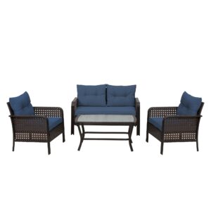 RoyalCraft 4 Pieces Patio Furniture Set, Outdoor Rattan Chair Wicker Conversation Sets with Cushions and Glass Coffee Table, for Porch Balcony Garden Backyard Deck, Brown and Navy