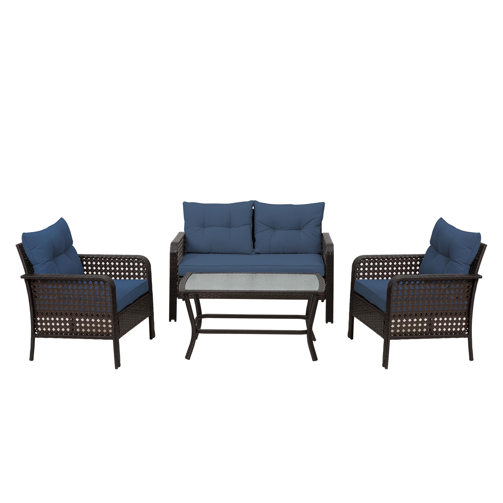 RoyalCraft 4 Pieces Patio Furniture Set, Outdoor Rattan Chair Wicker Conversation Sets with Cushions and Glass Coffee Table, for Porch Balcony Garden Backyard Deck, Brown and Navy