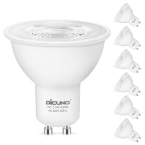 dicuno gu10 led bulb dimmable, 40w equivalent, natural white 4000k, 450lm, mr16 gu10 led for spotlight, track lighting, 5w led light bulb with 38° beam for kitchen, range hood, living room, pack of 6