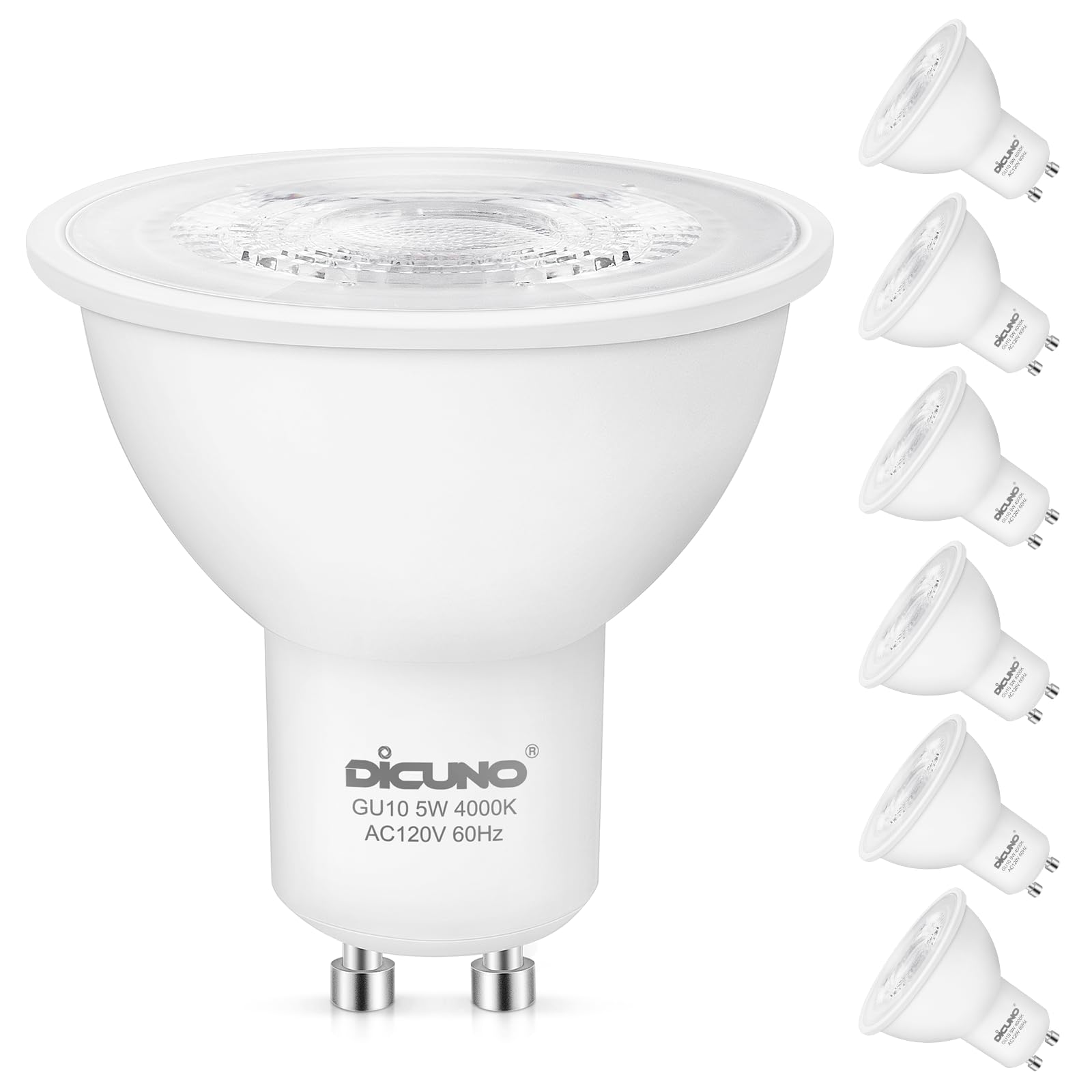 DiCUNO GU10 LED Bulb Dimmable, 40W Equivalent, Natural White 4000K, 450LM, MR16 GU10 LED for Spotlight, Track Lighting, 5W LED Light Bulb with 38° Beam for Kitchen, Range Hood, Living Room, Pack of 6