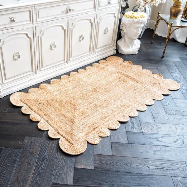 knight fury Scalloped Natural Jute Area Rug, Hand Woven Classic Rug Kitchen Rugs, Rugs for Living & Bedroom (2x3 ft)