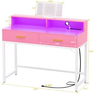 Cyclysio Vanity Desk with Mirror and Lights, 36 Inch Makeup Vanity with 2 Wooden Drawers & Storage Shelves, Pink Small Vanity with Power Outlets and LED Lights for Small Space, Bedroom, Pink