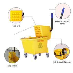 Commercial Mop Bucket with Side Press Wringer on Wheels with Industrial Heavy Duty Mop, 35-Quart, Yellow,ldeal for Household and Public Places Floor