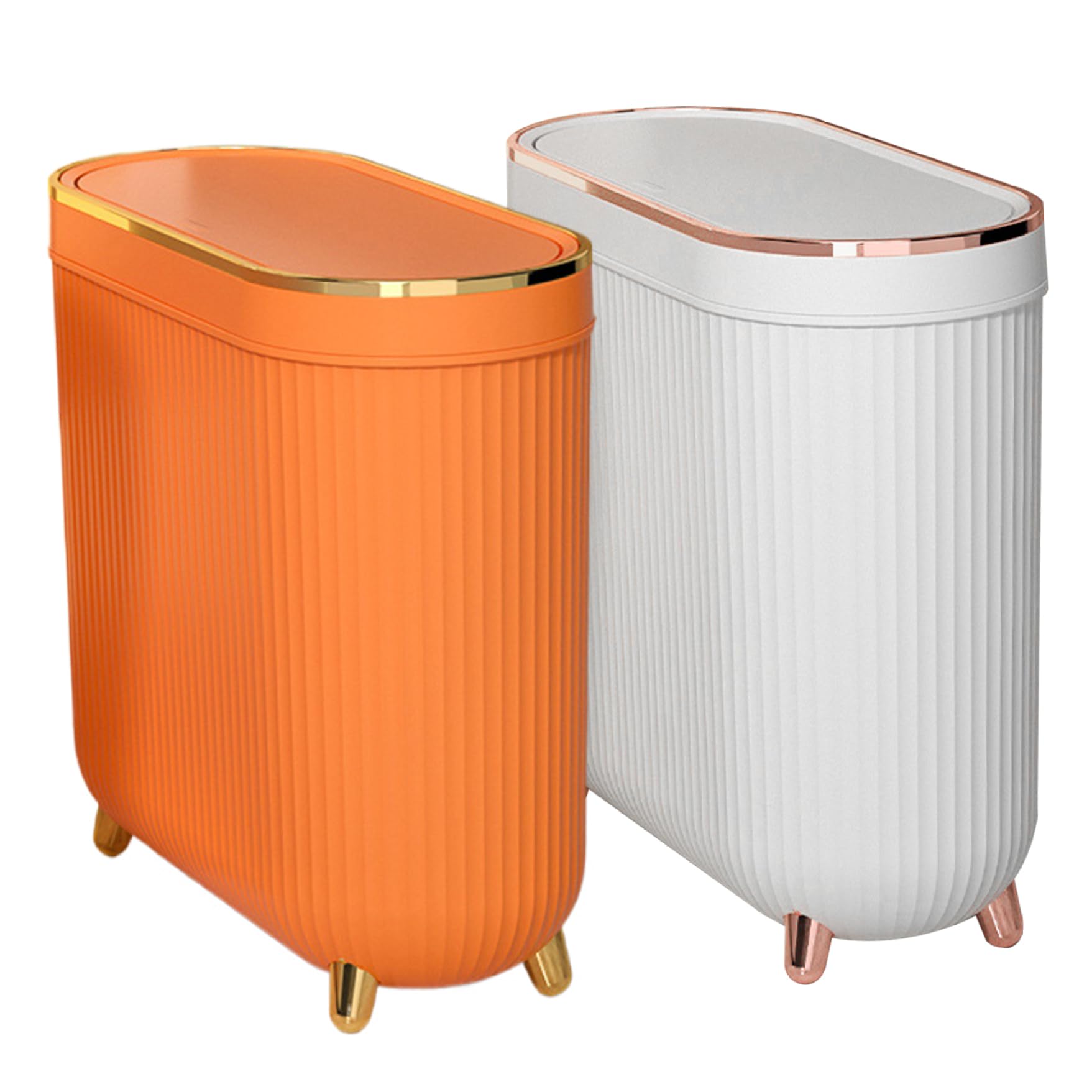 bbJJbbY Bathroom Trash Can Slim Trash Can 3.2 Gallons Kitchen Garbage Can with Press Top Lid Plastic Trash Bin Waste Basket for Bedroom, Office, Living Room Orange Home Supplies